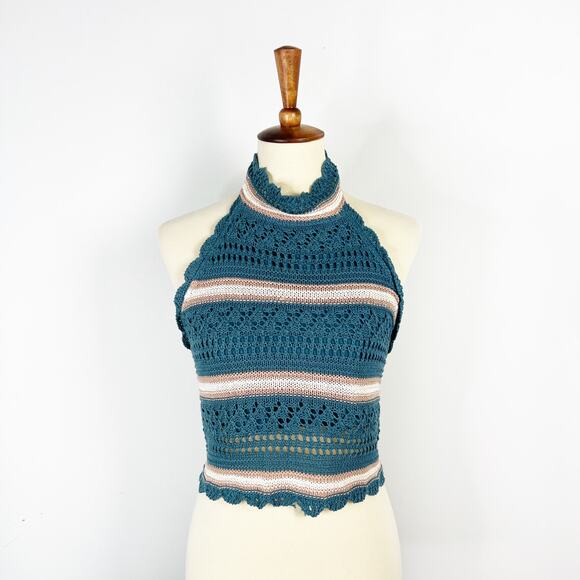 Say What? Blue and White Striped knit crochet halter top retro 90s Size Large - Picture 8 of 8